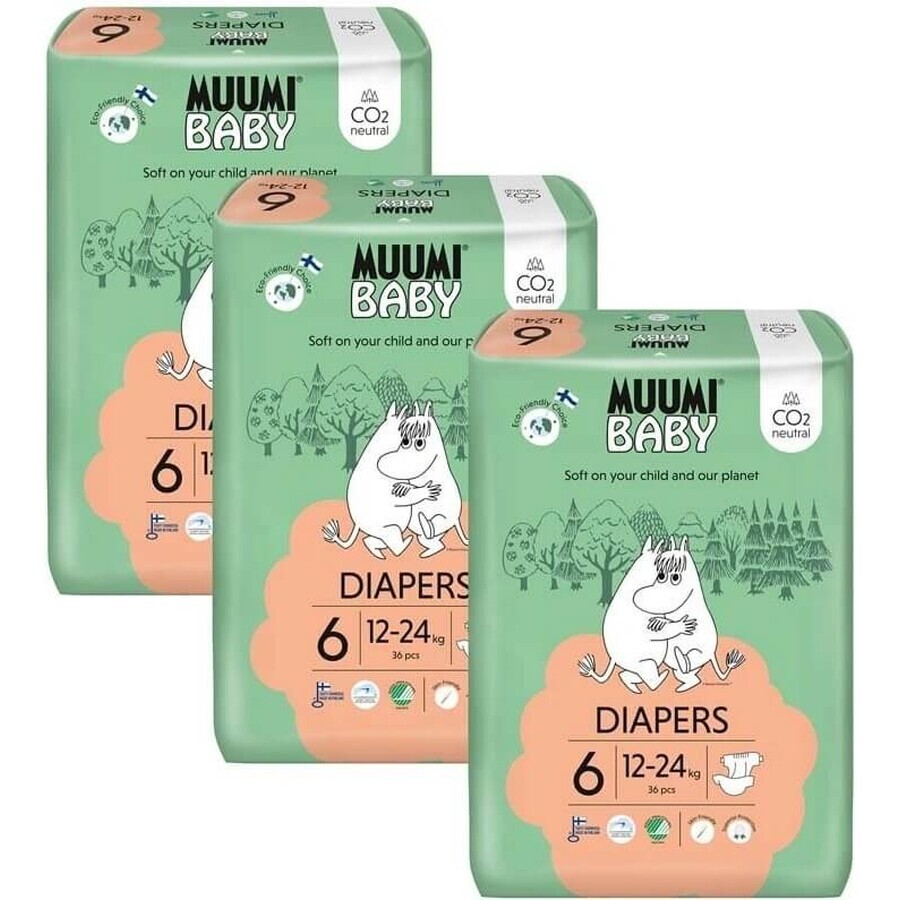 Muumi Baby 6 Junior 12-24 kg, 1×108pcs paquet mensuel de couches bio, ECO Nappies