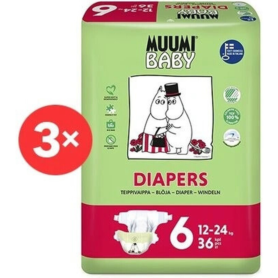 Muumi Baby 6 Junior 12-24 kg, 1×108pcs paquet mensuel de couches bio, ECO Nappies