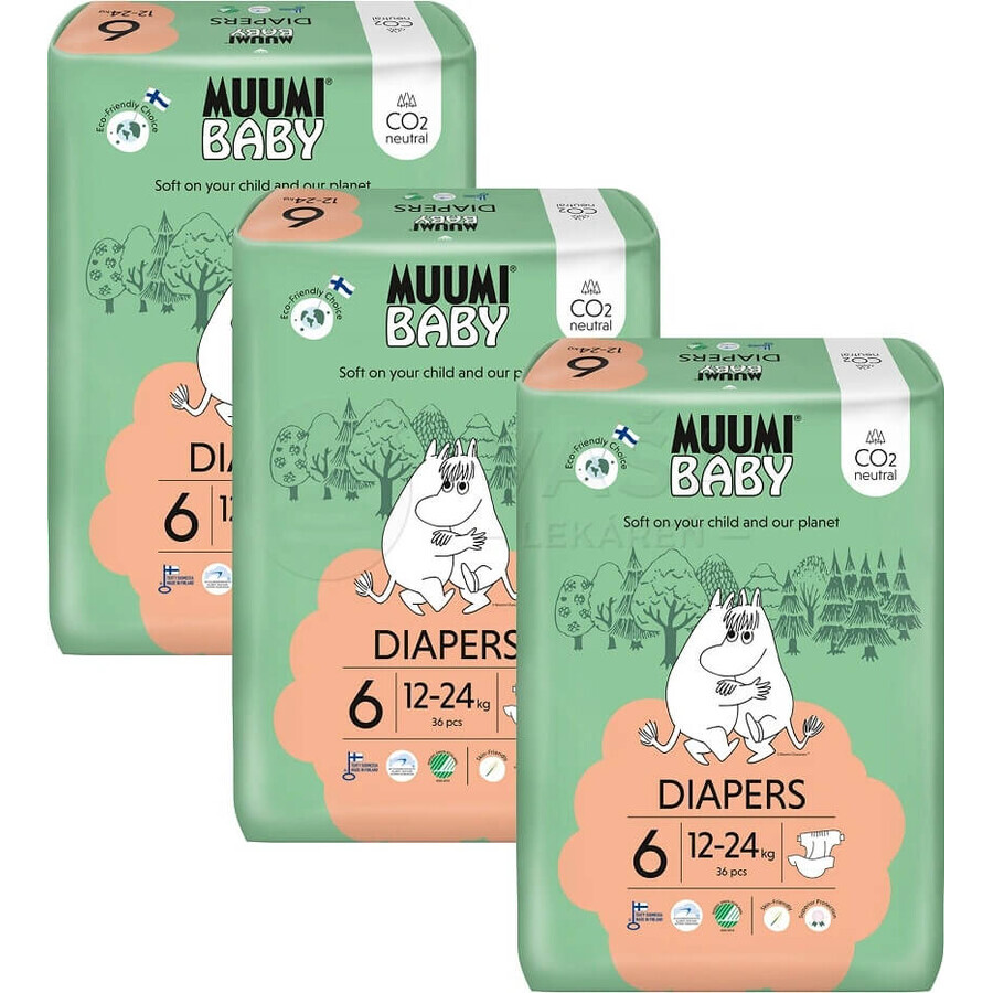 Muumi Baby 6 Junior 12-24 kg, 1×108pcs paquet mensuel de couches bio, ECO Nappies