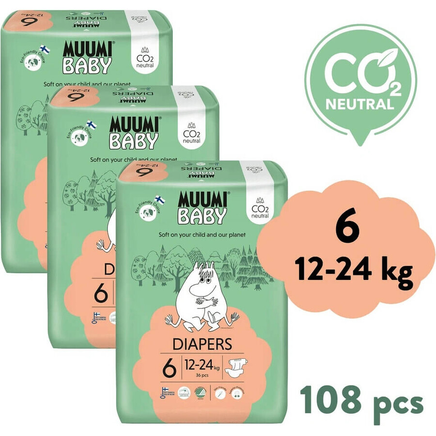 Muumi Baby 6 Junior 12-24 kg, 1×108pcs paquet mensuel de couches bio, ECO Nappies