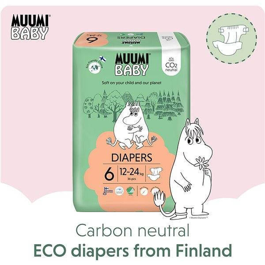 Muumi Baby 6 Junior 12-24 kg, 1×108pcs paquet mensuel de couches bio, ECO Nappies