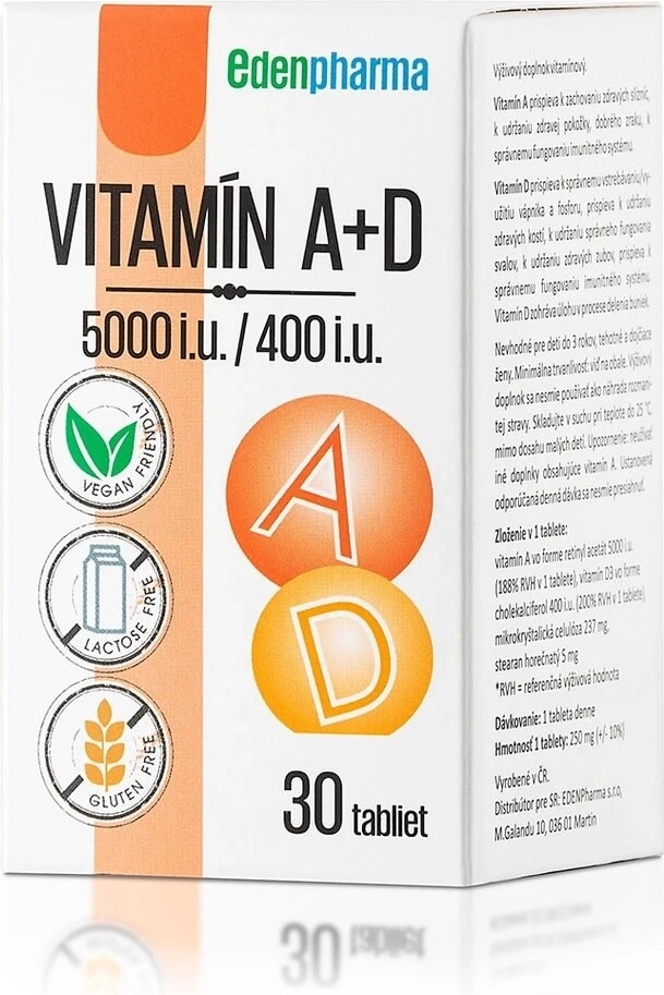EDENPharma VITAMINE A + D3 (5000 I.U./400 I.U.) 1×30 tbl, voedingssupplement