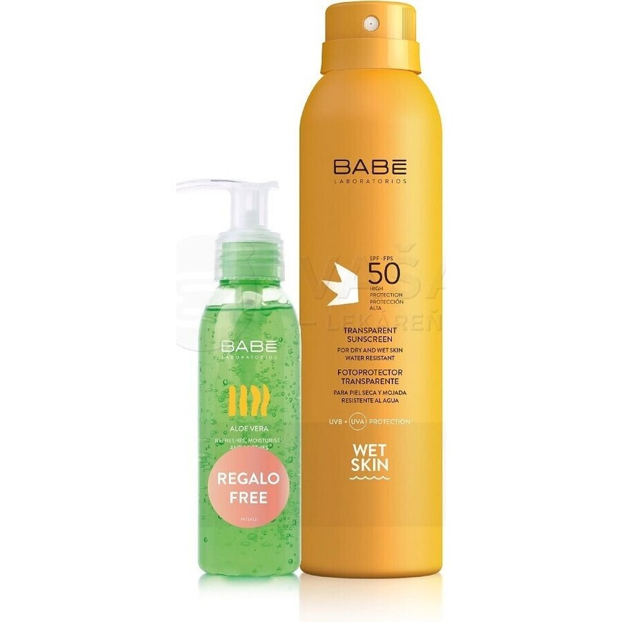 BABÉ SUN Spray de protecție solară SPF 50 + gel Aloe vera, 1x1 set 1x200 + 90 ml, spray de protecție solară + cadou: gel răcoritor