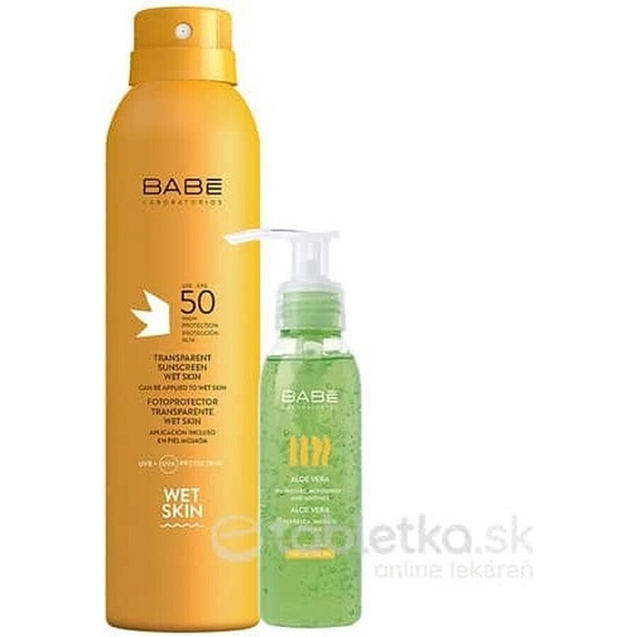 BABÉ SUN Spray de protecție solară SPF 50 + gel Aloe vera, 1x1 set 1x200 + 90 ml, spray de protecție solară + cadou: gel răcoritor