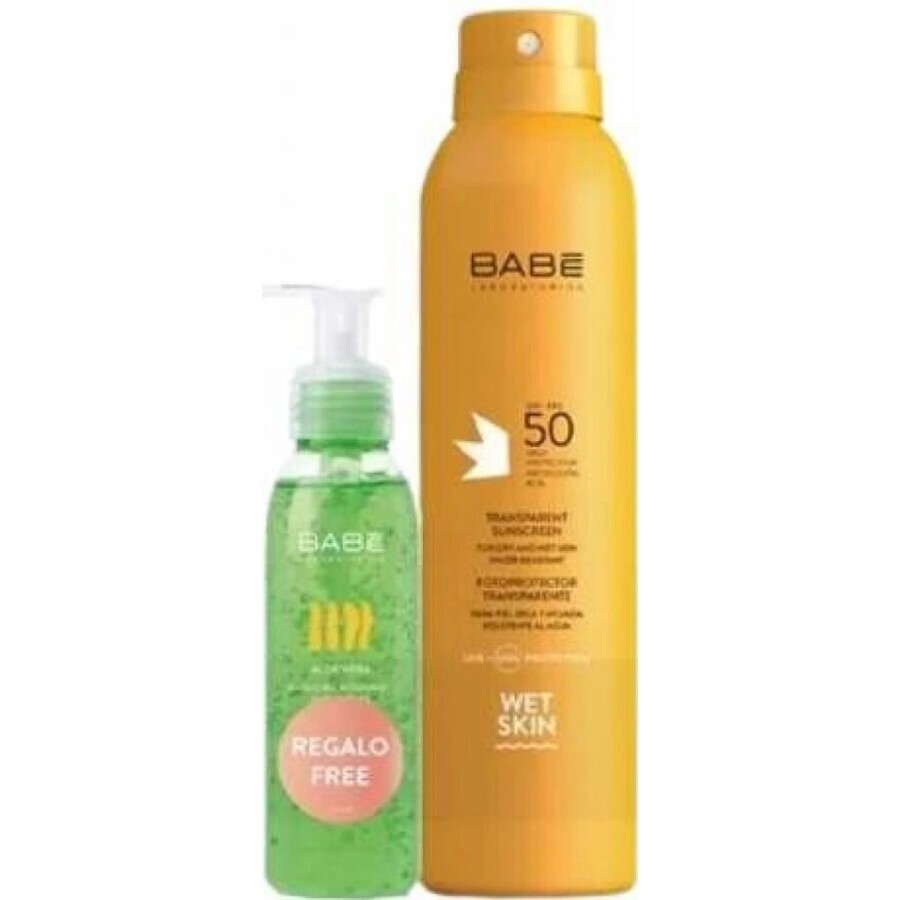 BABÉ SUN Spray de protecție solară SPF 50 + gel Aloe vera, 1x1 set 1x200 + 90 ml, spray de protecție solară + cadou: gel răcoritor