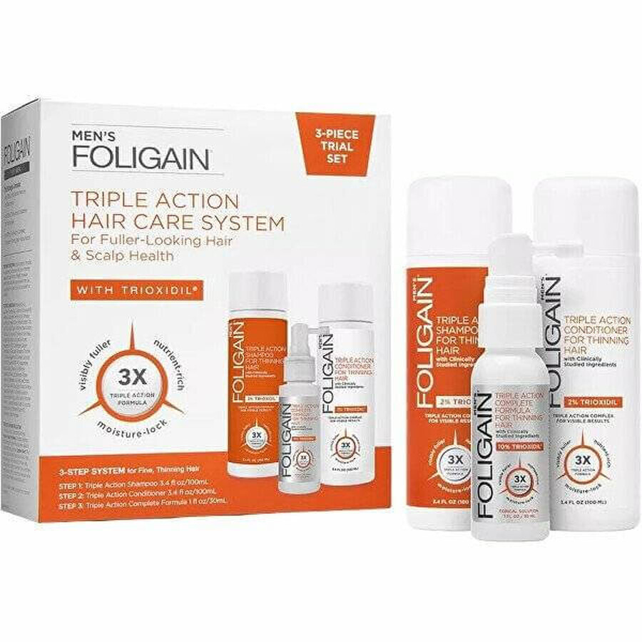 Foligain Set de viaje anticaída de triple acción para hombre 100ml + 100 ml + 30 ml 1×1 set, productos anticaída del cabello