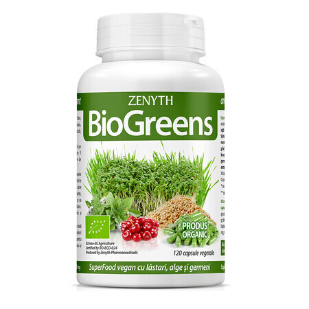 BioGreens SuperFood Organic cu germeni, alge și lăstari, 120 capsule, Zenyth