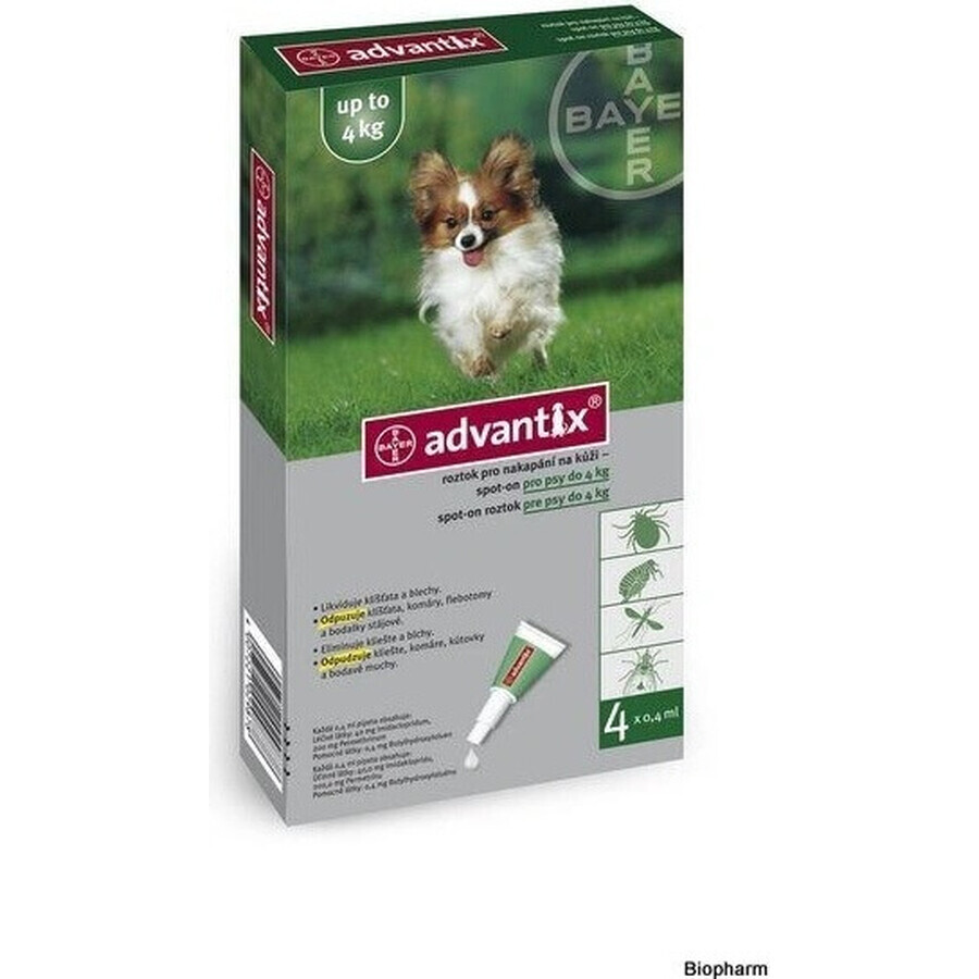 Advantix Spot-on voor honden tot 4 kg 4×0,4 ml, pipet