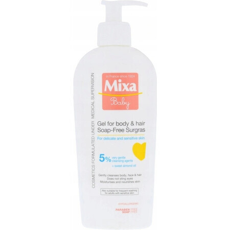 Mixa Baby Surgras Gel lavant corps et cheveux sans savon 1×250 ml, gel lavant pour bébés