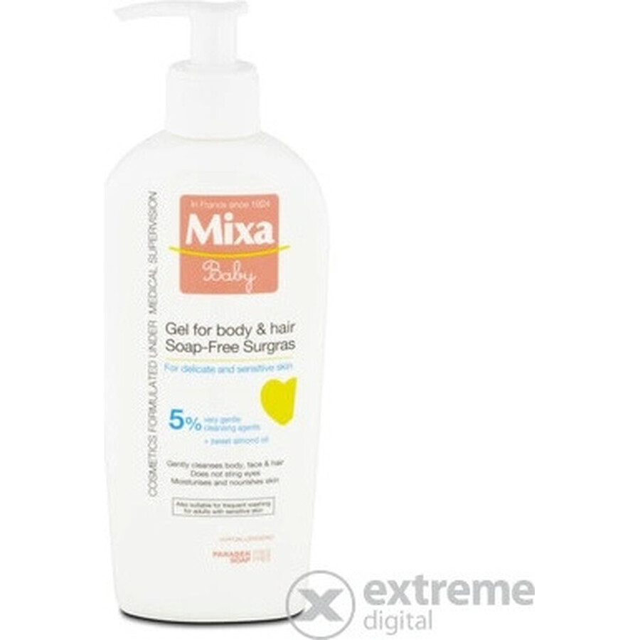 Mixa Baby Surgras Gel lavant corps et cheveux sans savon 1×250 ml, gel lavant pour bébés