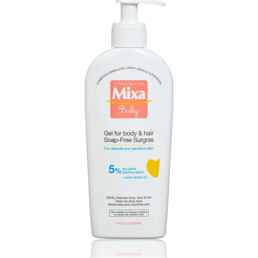 Mixa Baby Surgras Gel lavant corps et cheveux sans savon 1×250 ml, gel lavant pour bébés