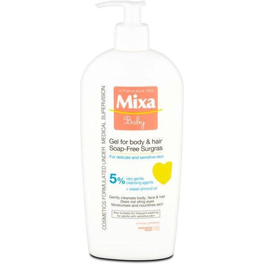 Mixa Baby Surgras Gel lavant corps et cheveux sans savon 1×250 ml, gel lavant pour bébés