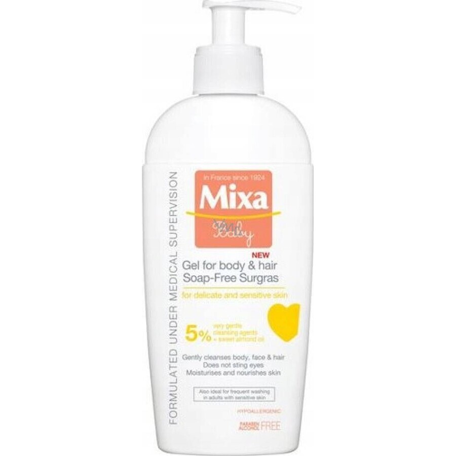 Mixa Baby Surgras Gel lavant corps et cheveux sans savon 1×250 ml, gel lavant pour bébés