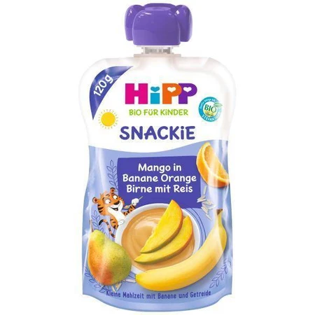 HiPP BIO KINDER Banane Orange Orange Poire Mangue Poire Riz 1×120 g, fruits et céréales, 12m+.