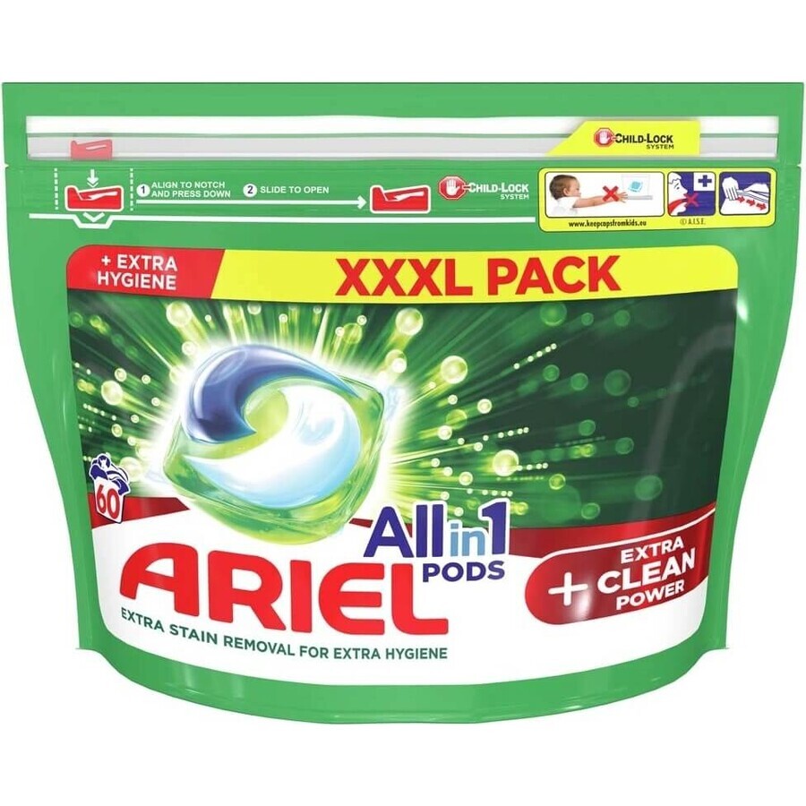 Ariel All-in-1 PODS All-in-1 PODS Extra Clean, Capsules de gel de lavage, 60 Capsules de gel de lavage 1×60 pcs, Capsules de gel de lavage