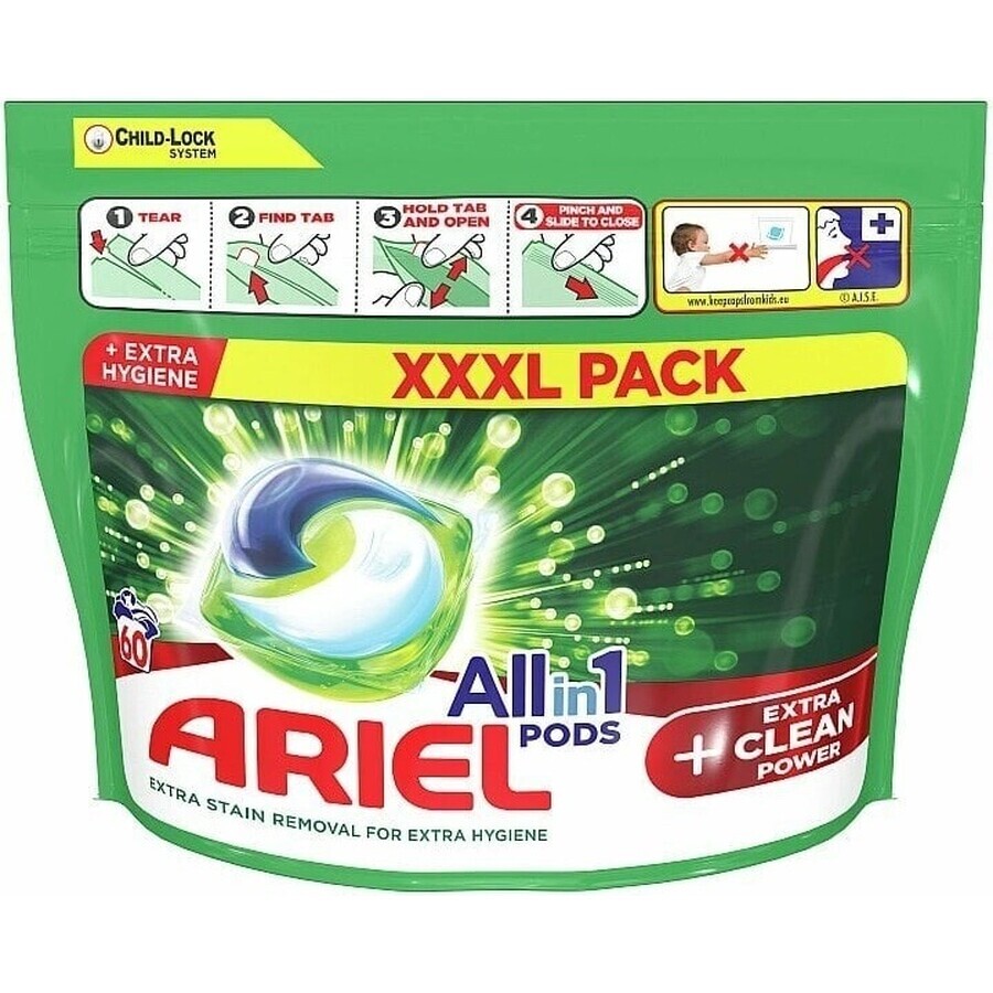 Ariel All-in-1 PODS All-in-1 PODS Extra Clean, Capsules de gel de lavage, 60 Capsules de gel de lavage 1×60 pcs, Capsules de gel de lavage