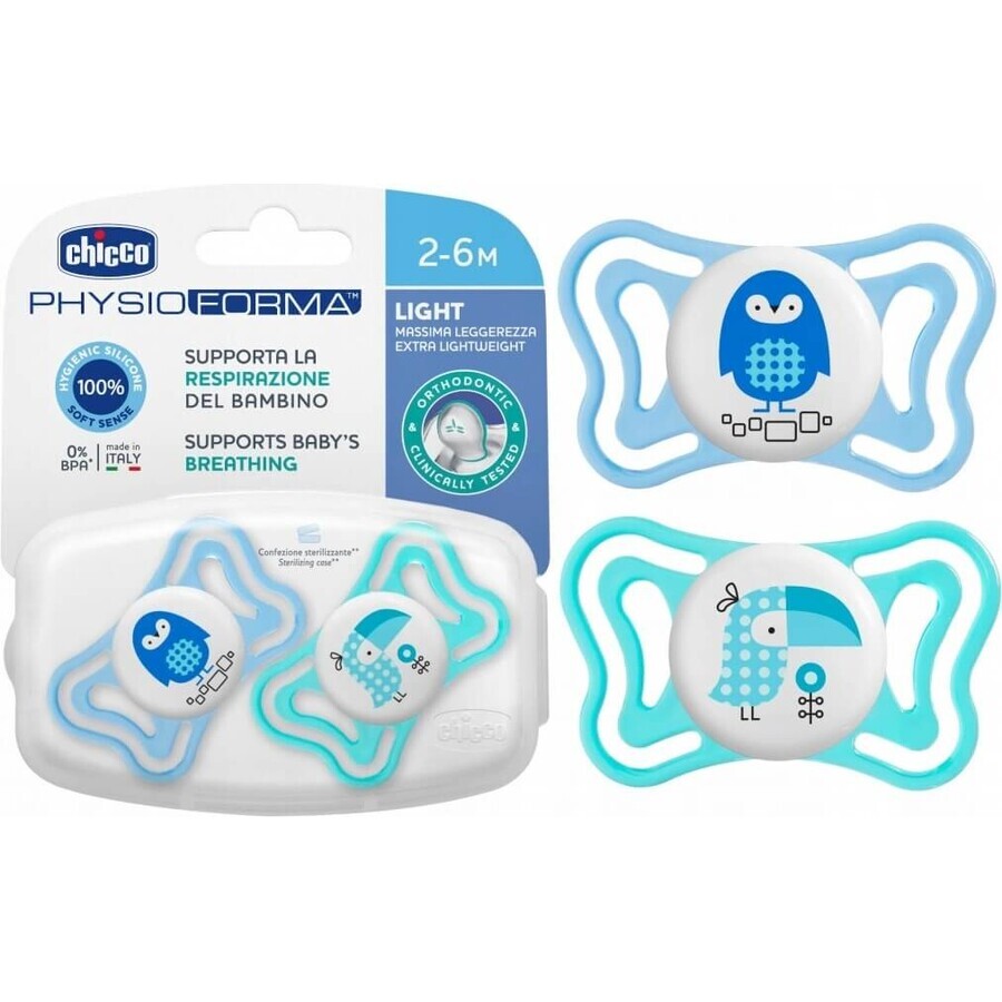 Chicco Chupete Chupete Physio Light Silicona 6-16m+, Azul 2pcs 1×2 pcs, Chupete Calmante (6-16m.+)