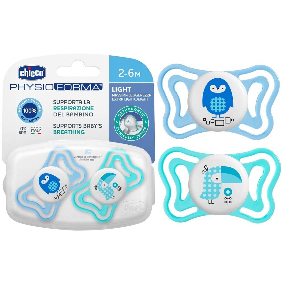 Chicco Chupete Chupete Physio Light Silicona 6-16m+, Azul 2pcs 1×2 pcs, Chupete Calmante (6-16m.+)