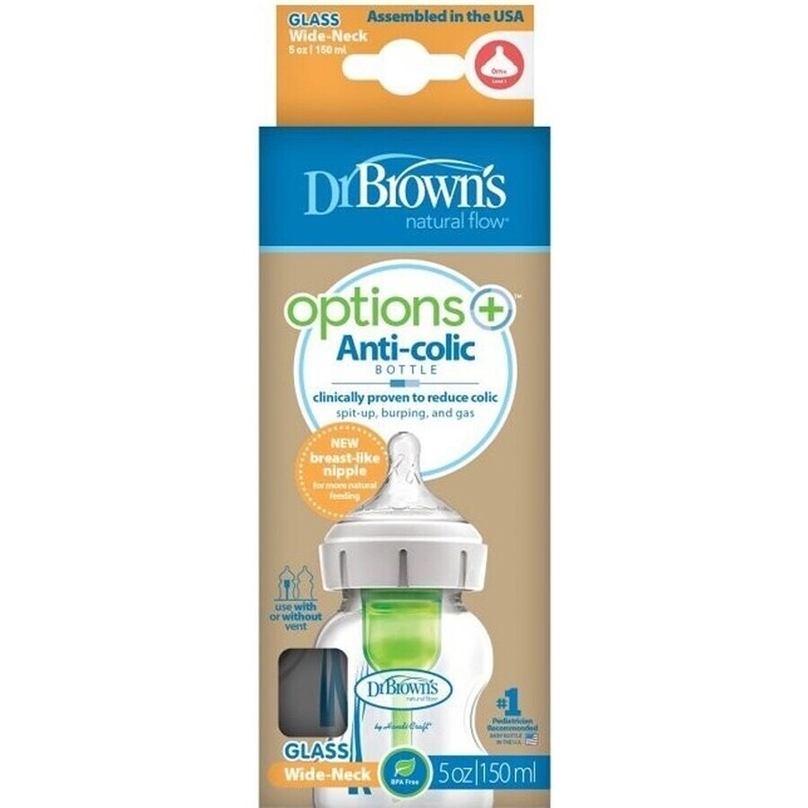 Dr.BROWN'S BABY FOTTLE OPTIONS+ 150 ml 1×1 st, met wijde hals, 0M+, antikoliek, glas, wit