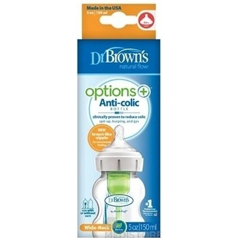 Dr.BROWN'S BABY FOTTLE OPTIONS+ 150 ml 1×1 st, met wijde hals, 0M+, antikoliek, glas, wit