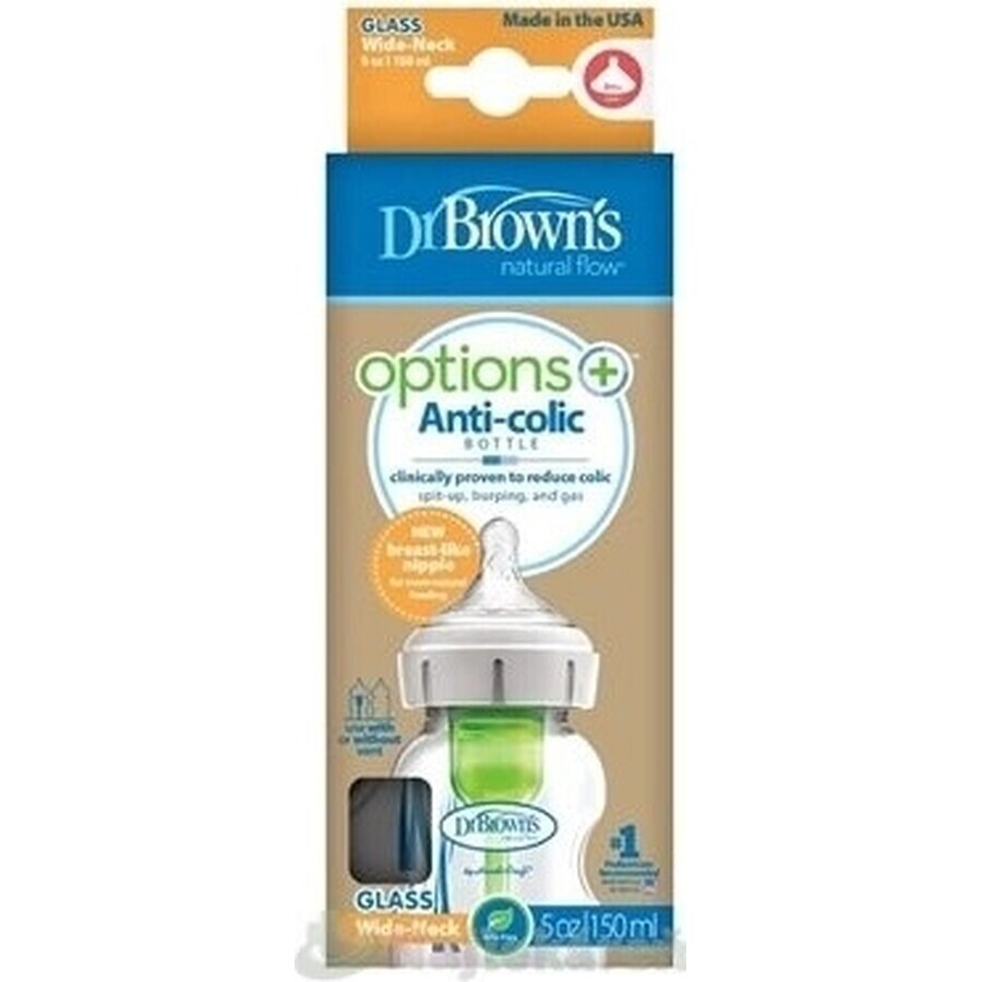 Dr.BROWN'S BABY FOTTLE OPTIONS+ 150 ml 1×1 st, met wijde hals, 0M+, antikoliek, glas, wit