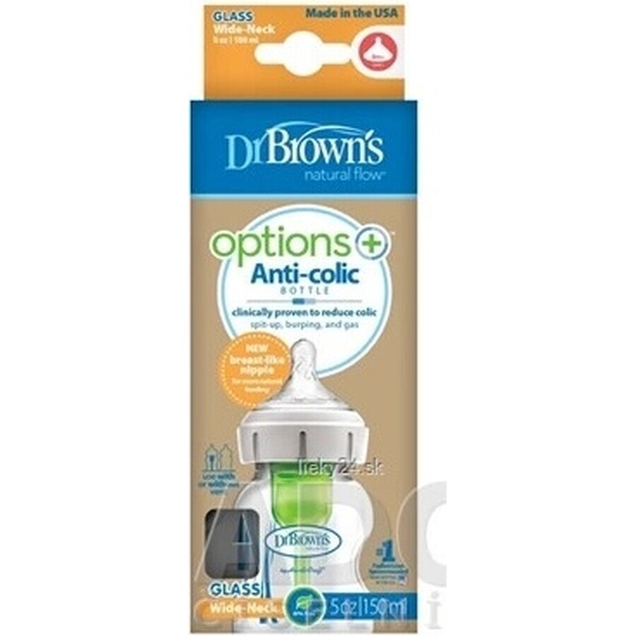 Dr.BROWN'S BABY FOTTLE OPTIONS+ 150 ml 1×1 st, met wijde hals, 0M+, antikoliek, glas, wit