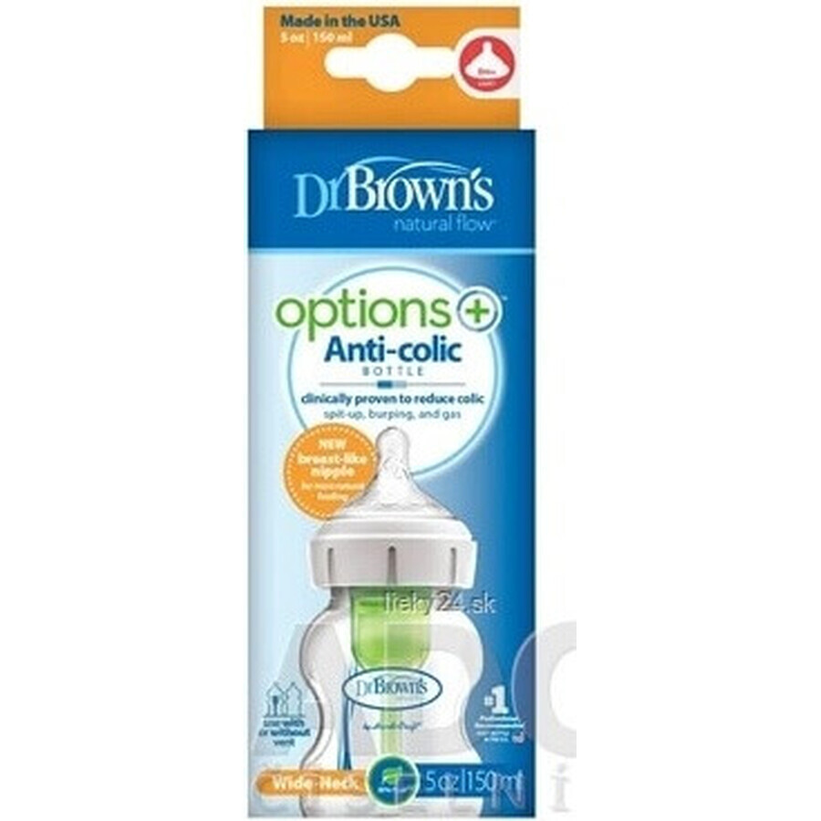 Dr.BROWN'S BABY FOTTLE OPTIONS+ 150 ml 1×1 st, met wijde hals, 0M+, antikoliek, glas, wit