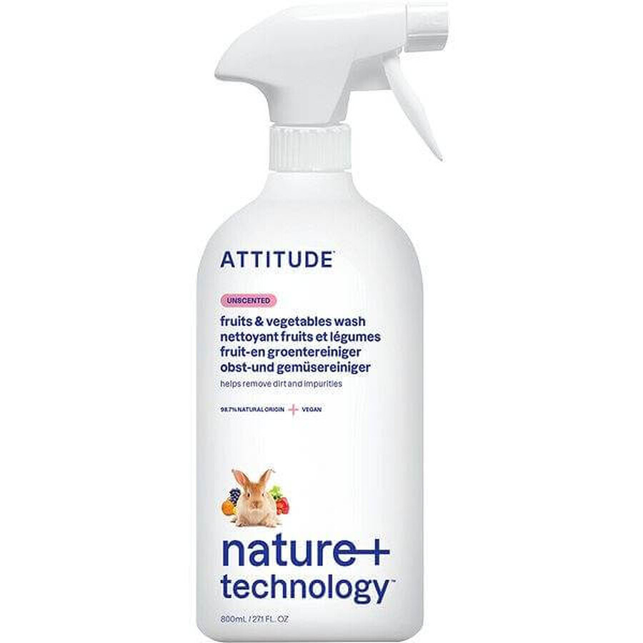 ATTITUDE Spray détergent non parfumé pour fruits et légumes 1×800 ml , détergent pour fruits