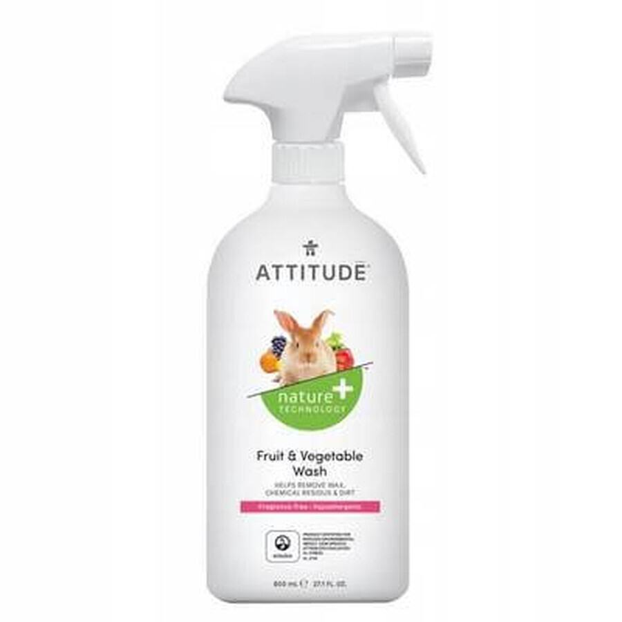 ATTITUDE Spray détergent non parfumé pour fruits et légumes 1×800 ml , détergent pour fruits