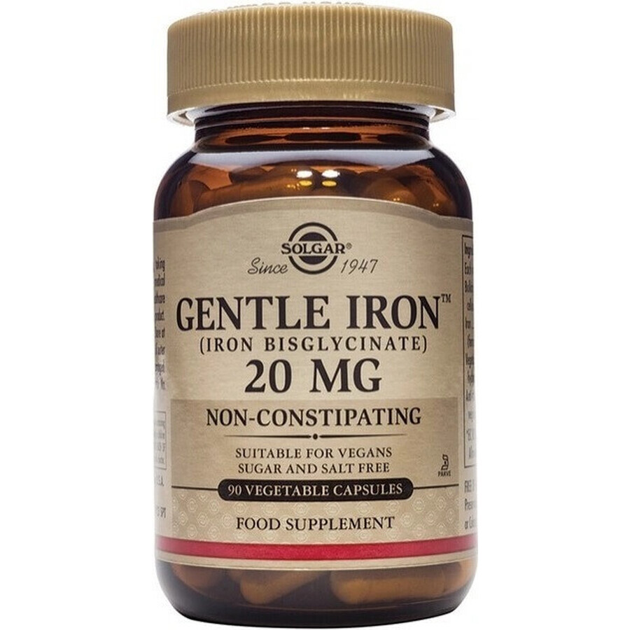 Solgar Gentle Iron 20 mg Iron (ferrous bisglycinate) Gentle for Stomach 90 capsules 1×90 cps, food supplement