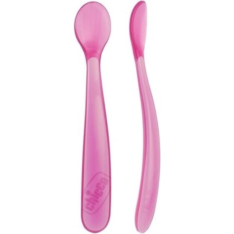 CHICCO Cuchara de silicona 2 piezas rosa 6m+ 1×1 piezas, 2 piezas rosa 6m+ 1×1 piezas, suave para las encías del bebé