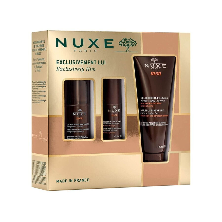 Nuxe Men set, gezichtshydraterende gel 50 ml + roll-on deodorant 50 ml + douchegel 200 ml