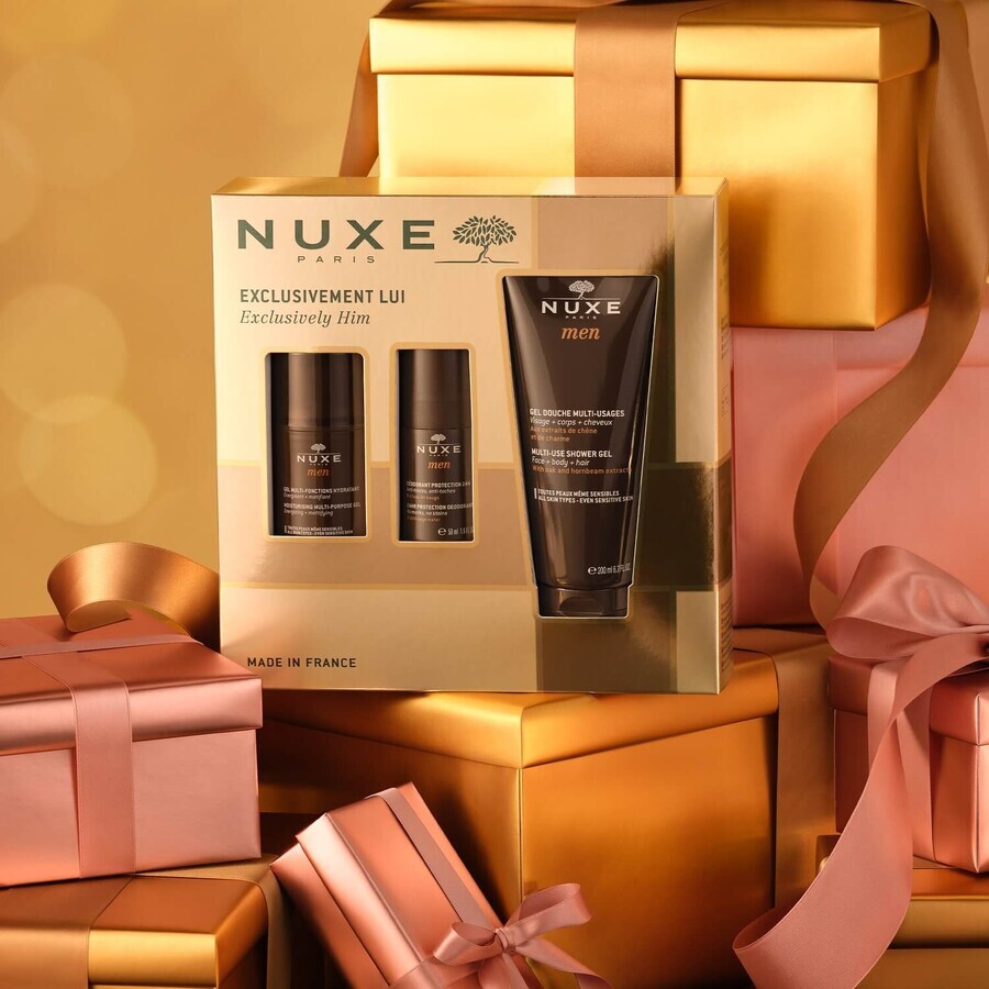 Nuxe Men set, gezichtshydraterende gel 50 ml + roll-on deodorant 50 ml + douchegel 200 ml