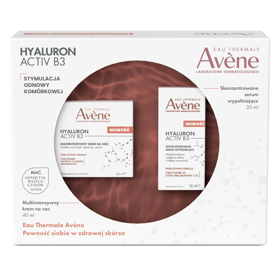 Avene Hyaluron Activ B3 Concentrated Night Care Set, crema de noche multiintensiva 40 ml + suero concentrado rellenador 30 ml