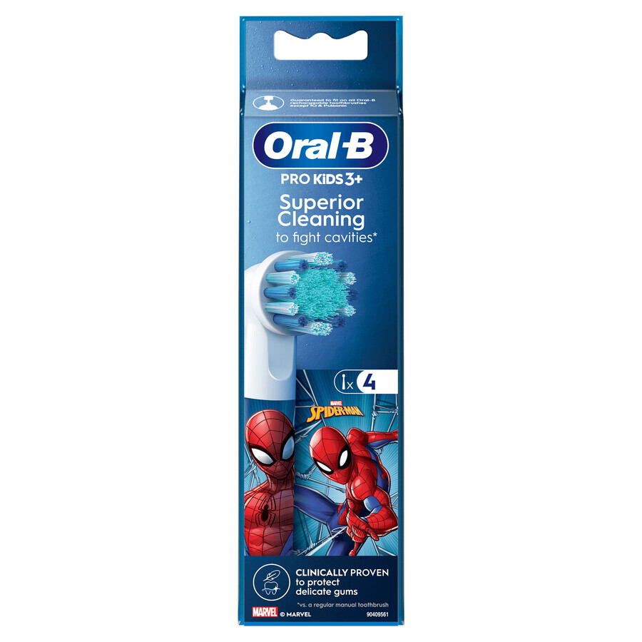 Oral-B Pro Kids, spazzolino elettrico con punte, Spiderman, oltre 3 anni, ultra morbido, 4 pezzi