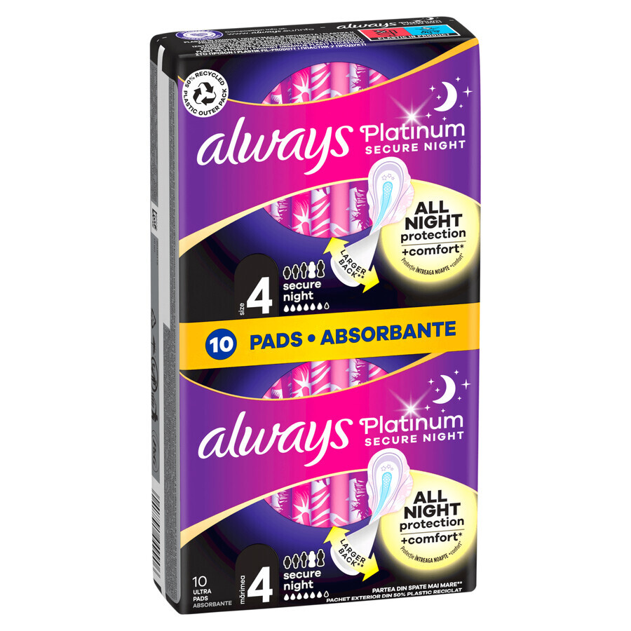 Always Platinum, gevleugeld maandverband, maat 4, Secure Night, 10 stuks