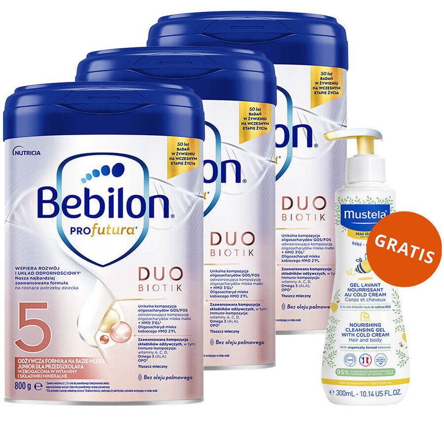 Bebilon Profutura DuoBiotik 5 set, voedende melkvoeding voor peuters, 3 x 800 g + Mustela Bebe Enfant, voedende wasgel, 300 ml gratis