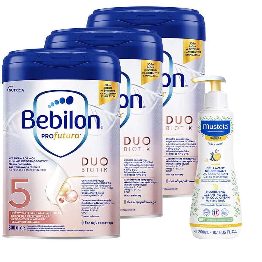 Bebilon Profutura DuoBiotik 5 set, voedende melkvoeding voor peuters, 3 x 800 g + Mustela Bebe Enfant, voedende wasgel, 300 ml gratis