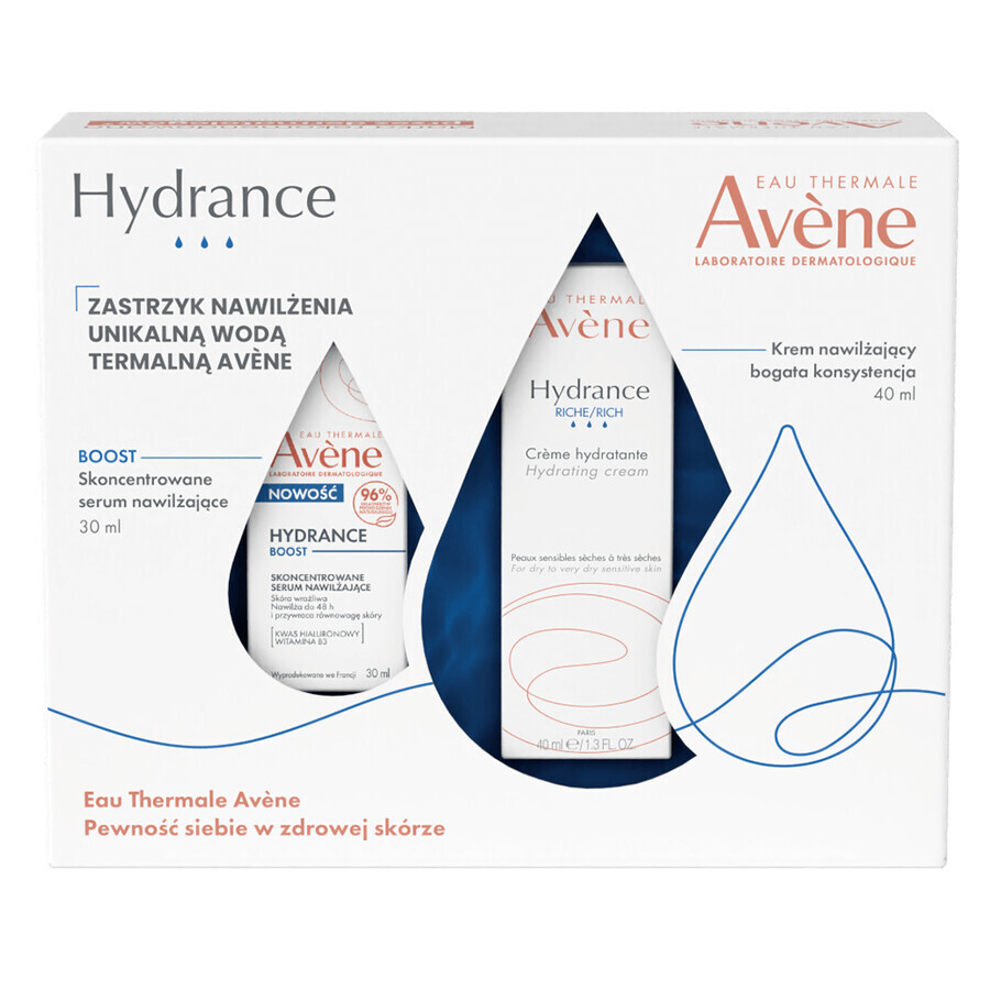 Avene Hydrance Moisture Shot Set, cremă hidratantă cu textură bogată, 40 ml + ser hidratant concentrat, 30 ml