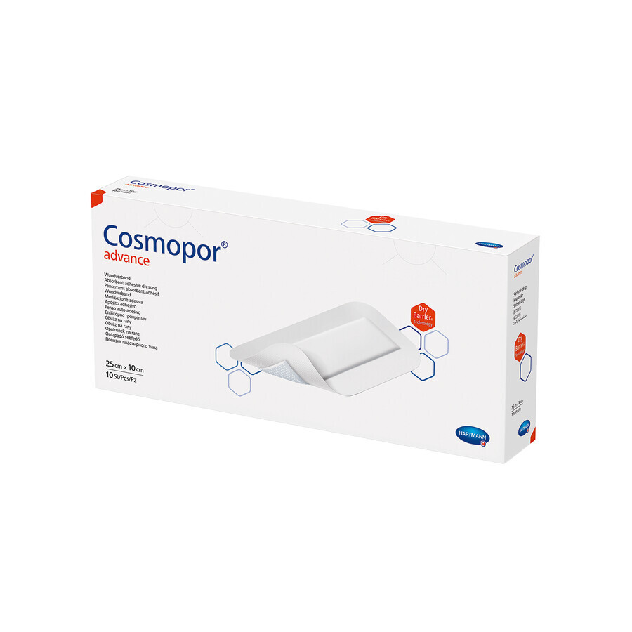 Cosmopor Advance, medicazione per ferite e tagli con forte essudato, autoadesiva, sterile, 25 cm x 10 cm, 10 pezzi