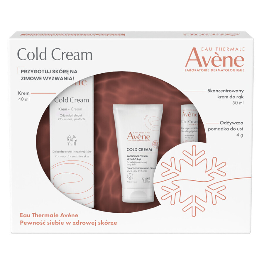 Avene Cold Cream Set per la cura della pelle invernale, crema viso 40 ml + crema mani concentrata 50 ml + rossetto nutriente 4 g