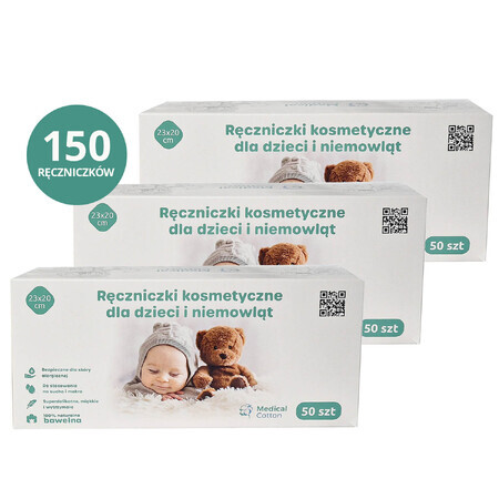 Set van medisch katoen, cosmetische handdoeken voor baby's en kinderen, 23 x 20 cm, 100% katoen, vanaf de geboorte, 3 x 50 stuks