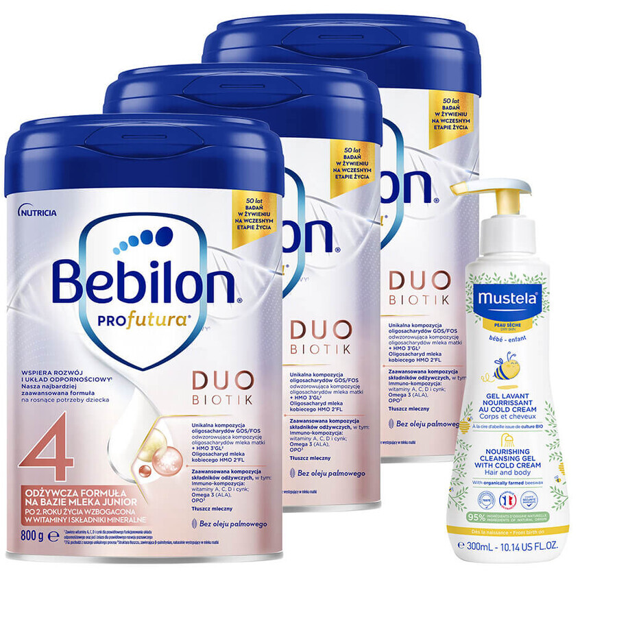 Set Bebilon Profutura DuoBiotik 4, voedende melkvoeding, na 2 jaar, 3 x 800 g + Mustela Bebe Enfant, voedende wasgel, 300 ml gratis