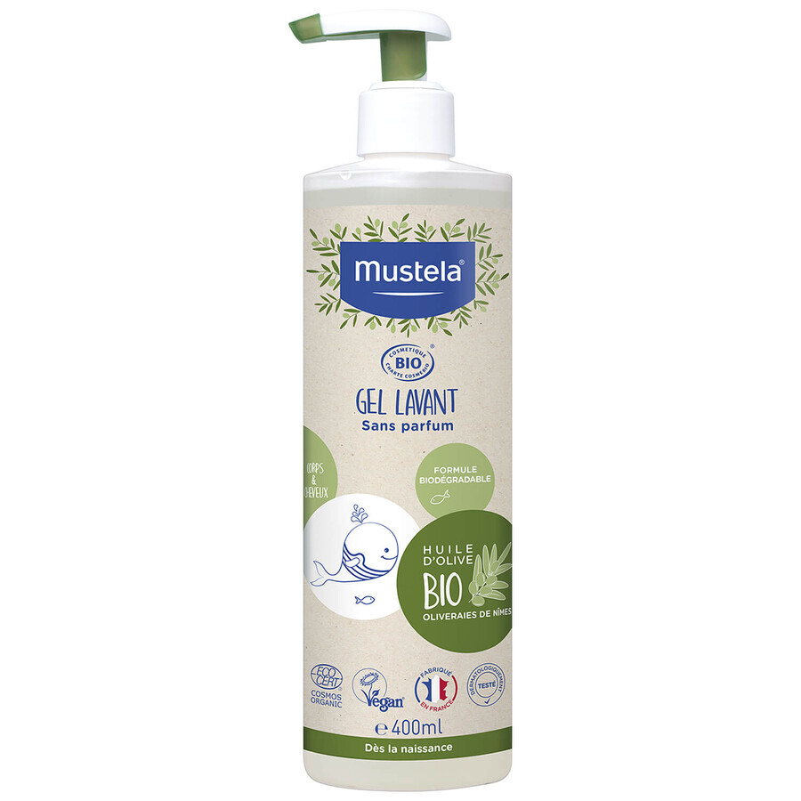 Mustela Bio set, cleansing gel for body and hair, 400 ml + micellar water, no rinse, 400 ml + free bamboo diaper