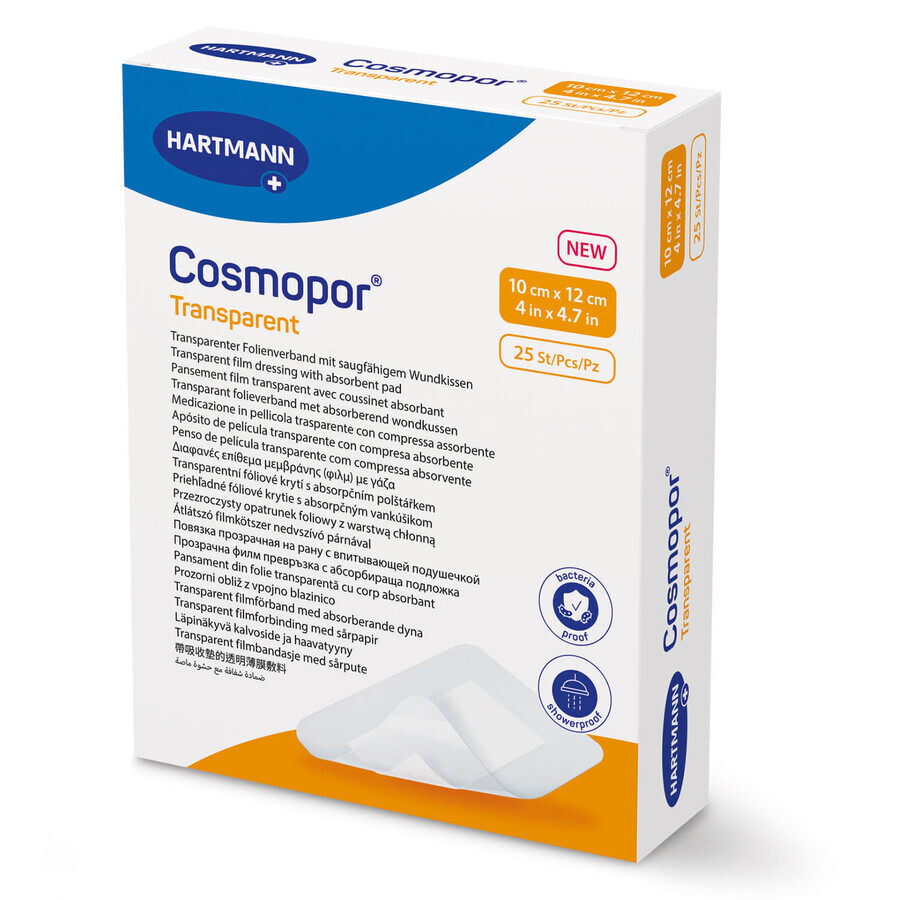 Cosmopor Transparent, pansement en film transparent avec couche absorbante, stérile, 10 x 12 cm, 25 pcs