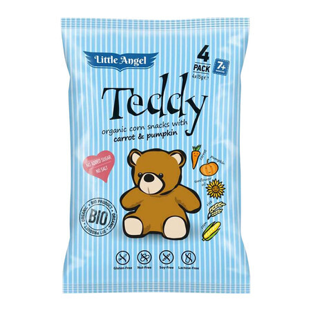 Engeltje Teddy Corn Crisps Bio, wortel en pompoen, na 7 maanden, 4 x 15 g KORT GEDRAG