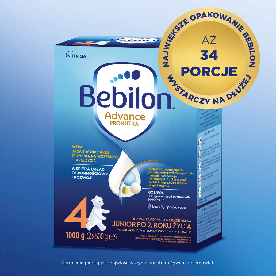 Set Bebilon Advance Pronutra 4 Junior, voedende melkvoeding, vanaf 2 jaar, 2 x 1000 g + Mustela vochtige doekjes, 60 gratis