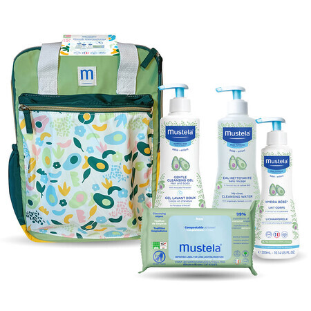 Mustela Layout Backpack, washing gel, 500 ml + cleansing water, 500 ml + body milk, 300 ml + wet wipes, 60 pieces