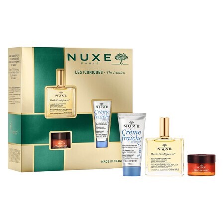 Nuxe Bestsellers set Huile Prodigieuse, ulei uscat, 50 ml + balsam de buze hrănitor, 15 g + cremă hidratantă 3 în 1, 100 ml