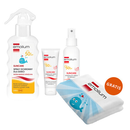 Set Emolium Suncare SPF 50+, zonnebrandcrème 50 ml + zonnebrandspray 100 ml + zonnebrandspray 175 ml + gratis badlaken